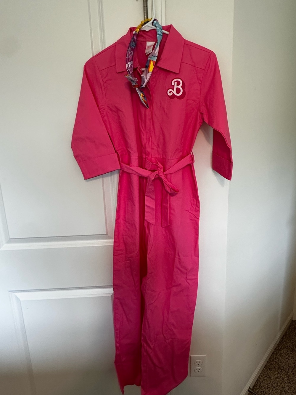 Girls' Bright Pink Barbie Jumpsuit Costume with Belt and Hair Piece